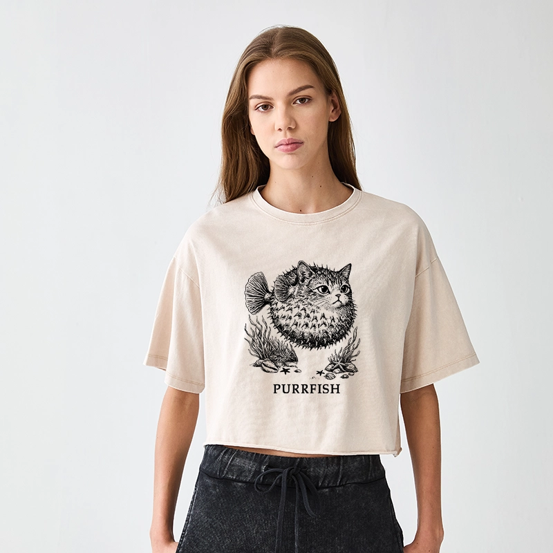 Tokyo-Tiger Spiky Puffer With Cute Cat Head Women's Washed Crop T-Shirt