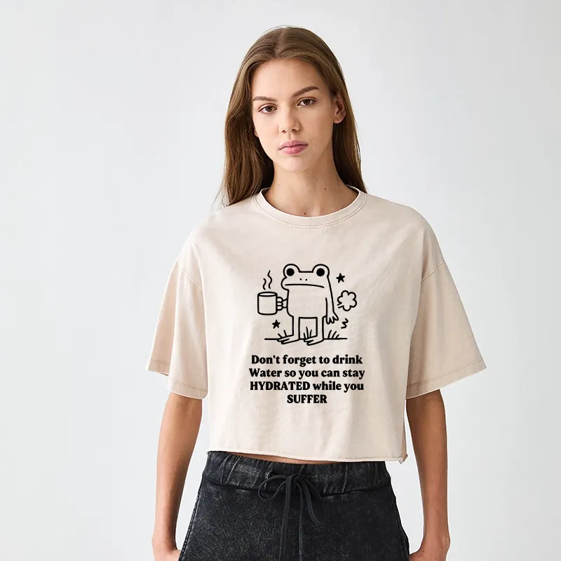 Tokyo-Tiger Frog Says Drink Water Women's Washed Crop T-Shirt