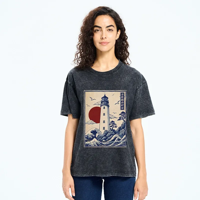 Tokyo-Tiger Classic Wave Lighthouse Sunrise Print Washed T-Shirt