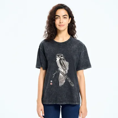 Tokyo-Tiger Minimal Ink Owl Oriental Brush Art Washed T-Shirt