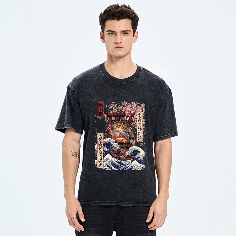 Tokyo-Tiger Samurai Cat Eating Noodles Wave Scene Washed T-Shirt