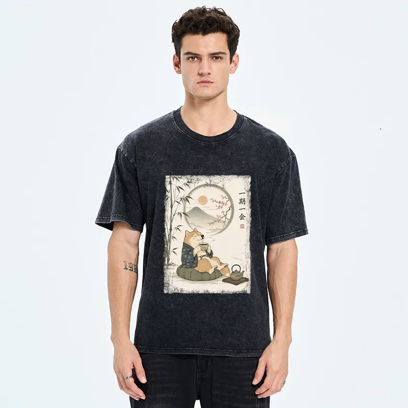 Tokyo-Tiger Funny Meme Cozy Tea Time Shiba Inu Washed T-Shirt