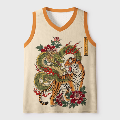 Tokyo-Tiger Dragon Tiger Wealth Peonies Mesh Tank Top