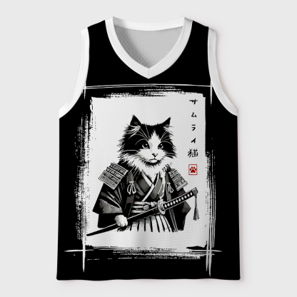 Tokyo-Tiger Sumi-e Bamboo Samurai Cat Mesh Tank Top