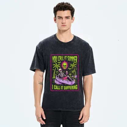 Tokyo-Tiger Neon Skull Summer Vacation Dark Humor Art Washed T-Shirt