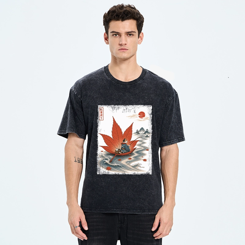 Tokyo-Tiger Japanese Cat Maple River Fishing Vintage Art Washed T-Shirt