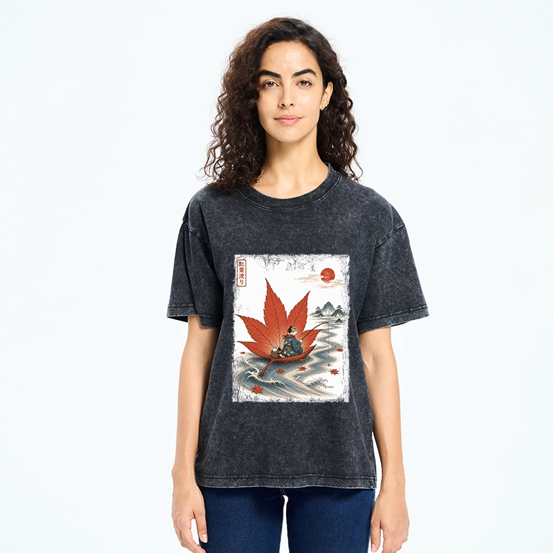 Tokyo-Tiger Japanese Cat Maple River Fishing Vintage Art Washed T-Shirt