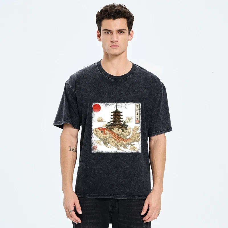 Tokyo-Tiger Sacred Koi Carp And Ancient Temple Tower Art Washed T-Shirt