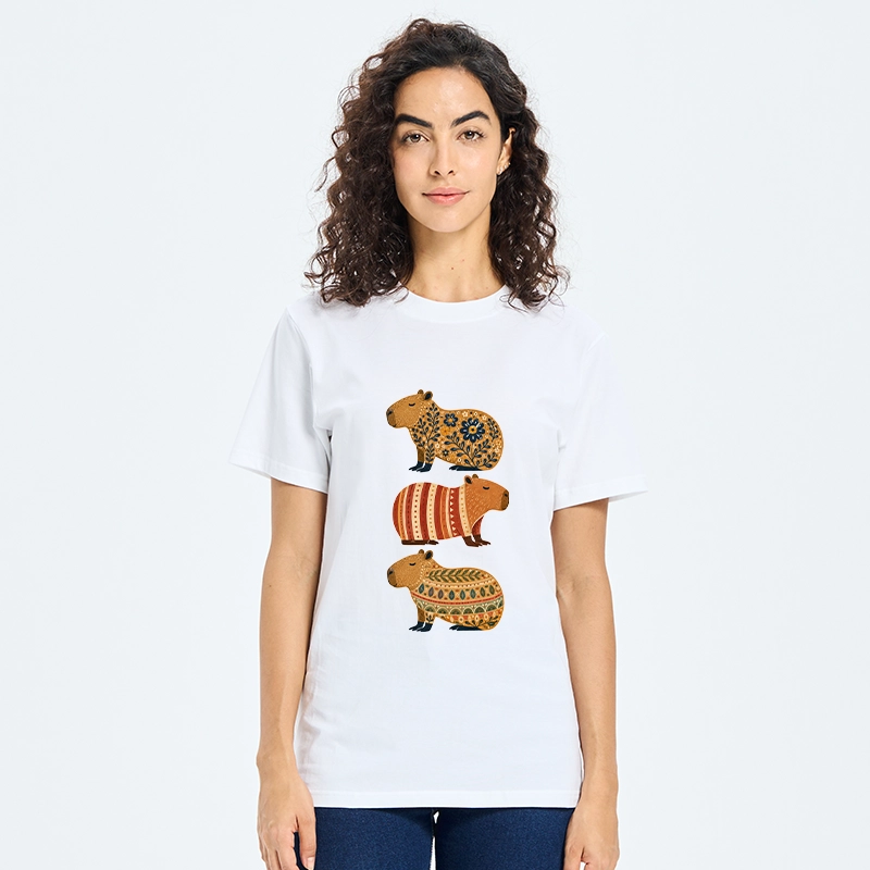 Tokyo-Tiger Folk Floral Striped Capybara Trio Print Classic T-Shirt