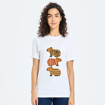 Tokyo-Tiger Folk Floral Striped Capybara Trio Print Classic T-Shirt