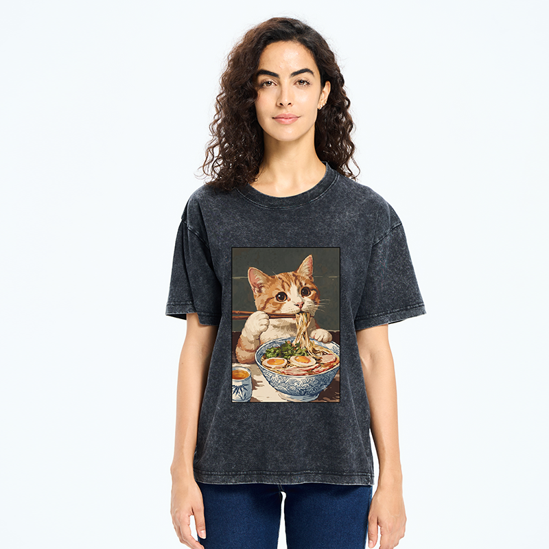 Tokyo-Tiger Cute Cat Eating Ramen Japanese Poster Washed T-Shirt