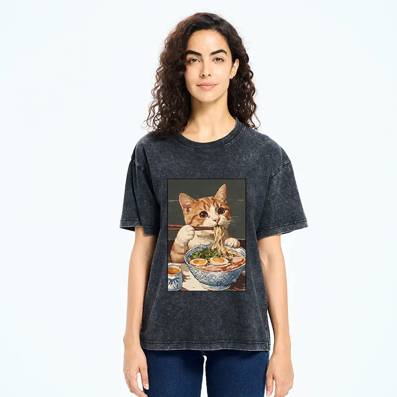 Tokyo-Tiger Cute Cat Eating Ramen Japanese Poster Washed T-Shirt