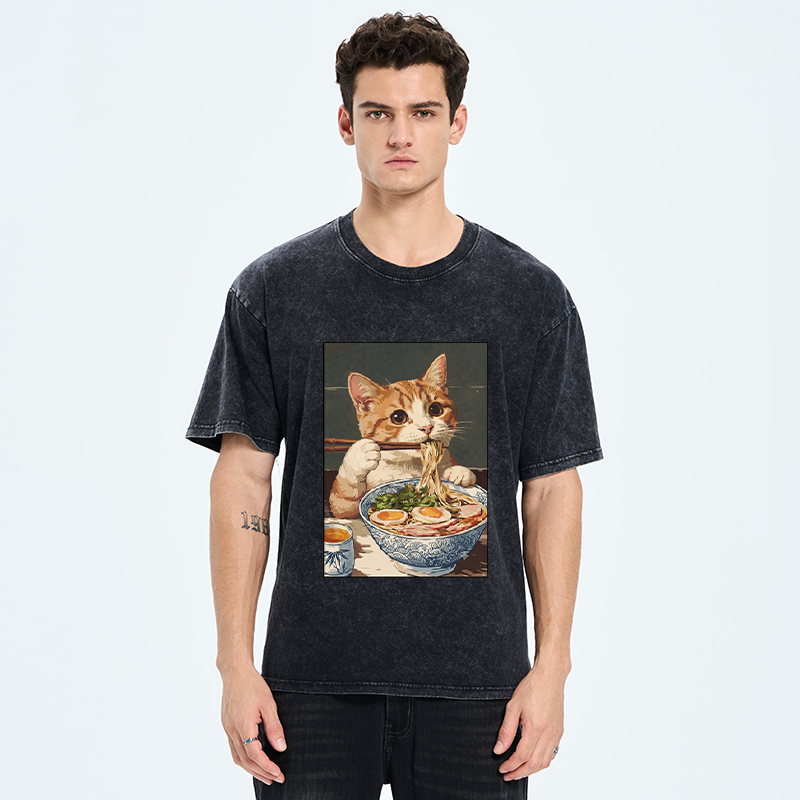 Tokyo-Tiger Cute Cat Eating Ramen Japanese Poster Washed T-Shirt
