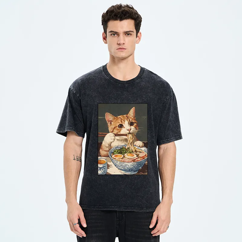 Tokyo-Tiger Cute Cat Eating Ramen Japanese Poster Washed T-Shirt
