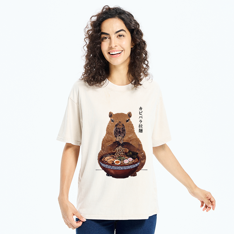 Tokyo-Tiger Japanese Retro Capybara Eating Ramen Washed T-Shirt