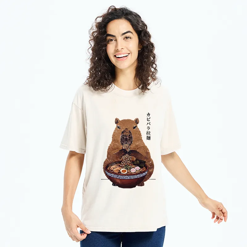 Tokyo-Tiger Japanese Retro Capybara Eating Ramen Washed T-Shirt
