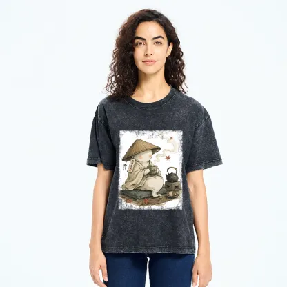 Tokyo-Tiger Cute Ghost Peaceful Tea Time Art Washed T-Shirt