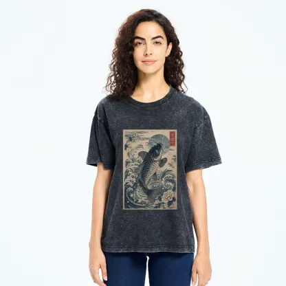 Tokyo-Tiger Vintage Ukiyo Koi Wave Flower Graphic Washed T-Shirt