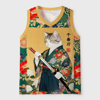 Tokyo-Tiger Peony Flower Japanese Sword Samurai Cat Mesh Tank Top
