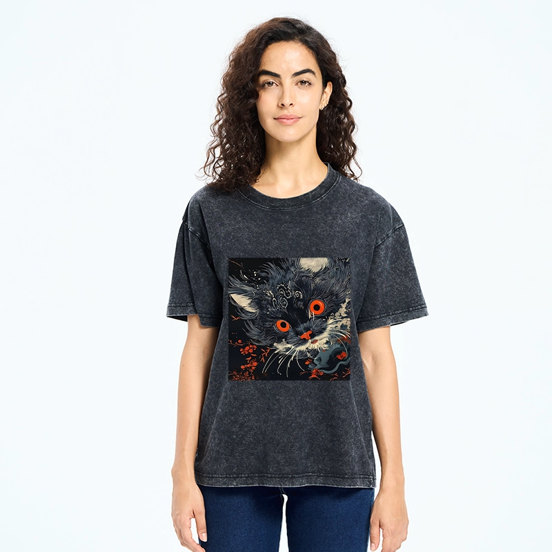 Tokyo-Tiger Soft Fluffy Black Cat Vintage Oriental Print Washed T-Shirt
