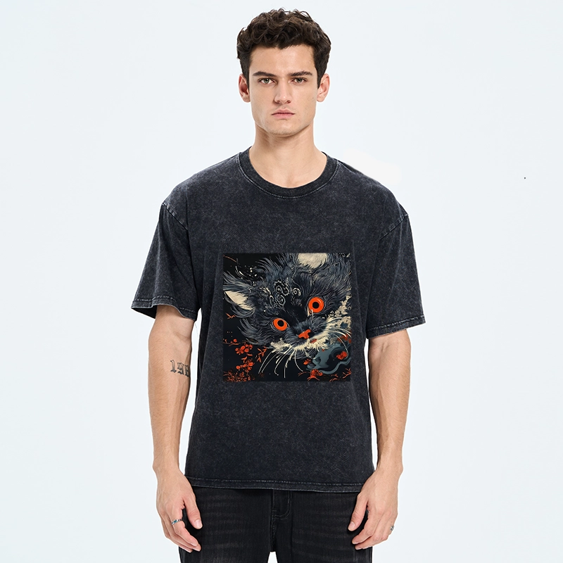 Tokyo-Tiger Soft Fluffy Black Cat Vintage Oriental Print Washed T-Shirt