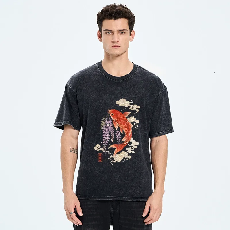 Tokyo-Tiger Soft Cloud Koi Floral Graphic Print Washed T-Shirt