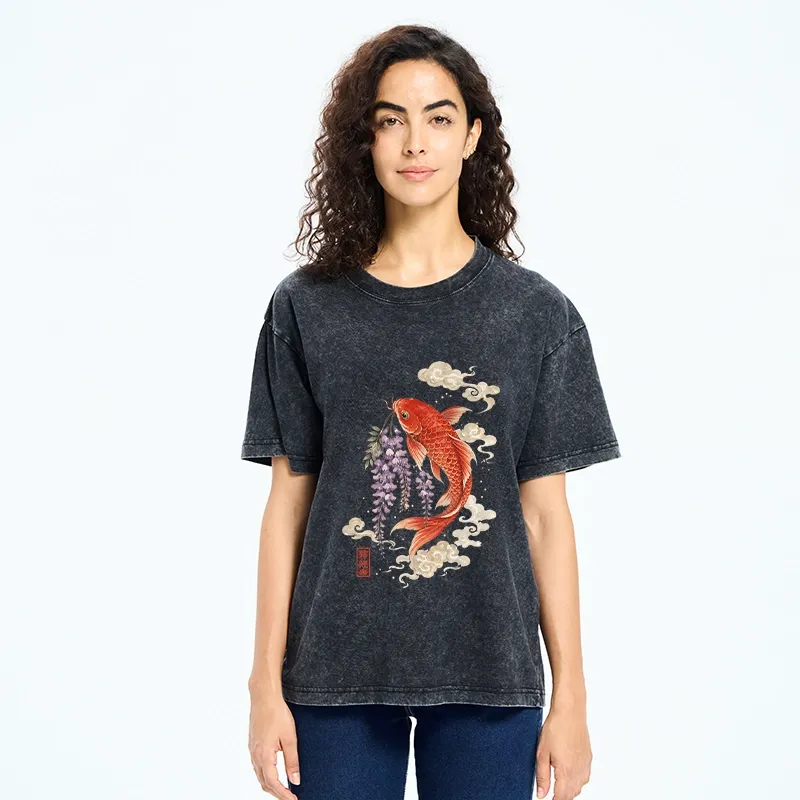 Tokyo-Tiger Soft Cloud Koi Floral Graphic Print Washed T-Shirt