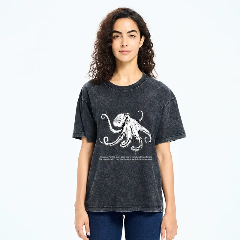 Tokyo-Tiger Vintage Octopus Line Drawing Washed T-Shirt