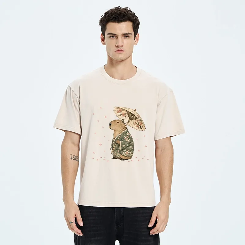 Tokyo-Tiger Relaxed Capybara Spring Sakura Kimono Art Washed T-Shirt