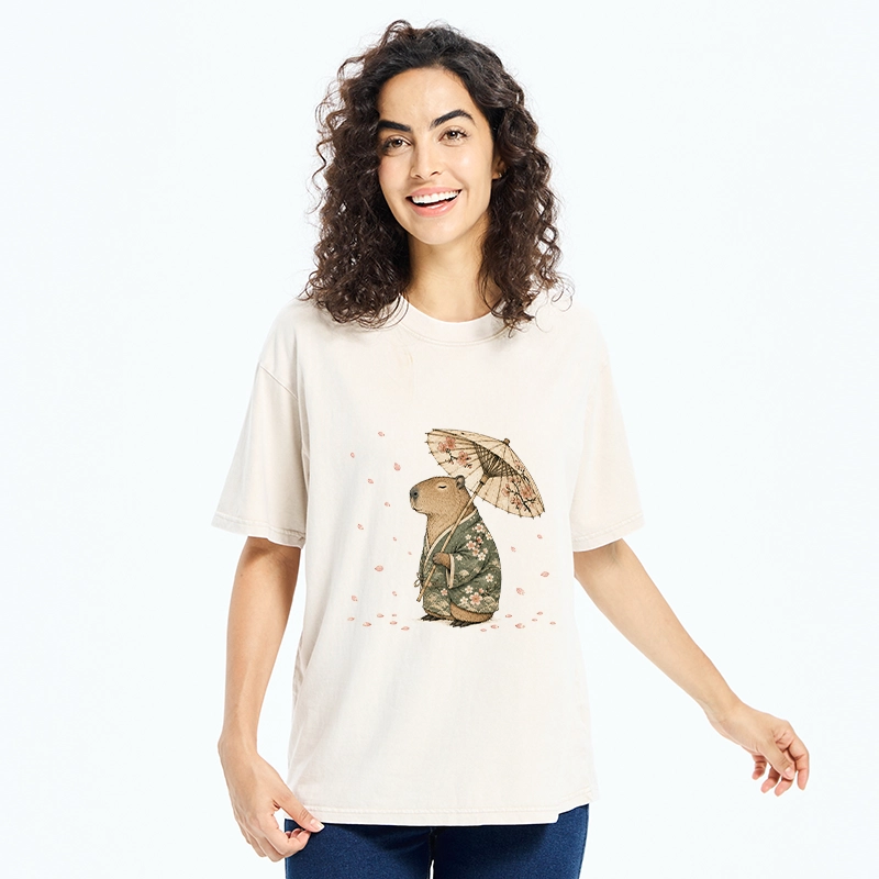 Tokyo-Tiger Relaxed Capybara Spring Sakura Kimono Art Washed T-Shirt