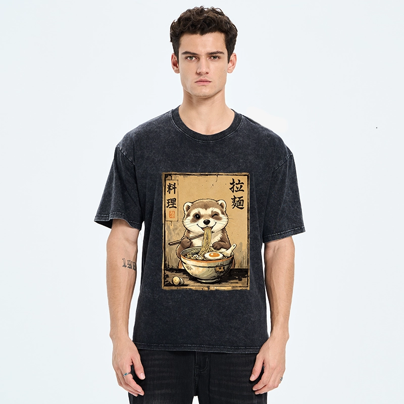 Tokyo-Tiger Ferret Eating Hot Ramen Washed T-Shirt