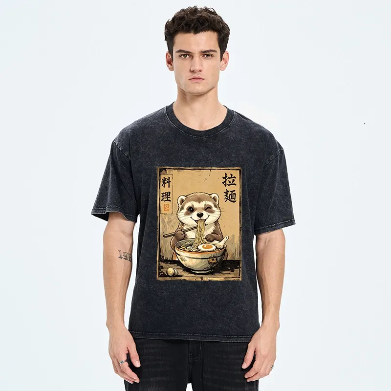 Tokyo-Tiger Ferret Eating Hot Ramen Washed T-Shirt