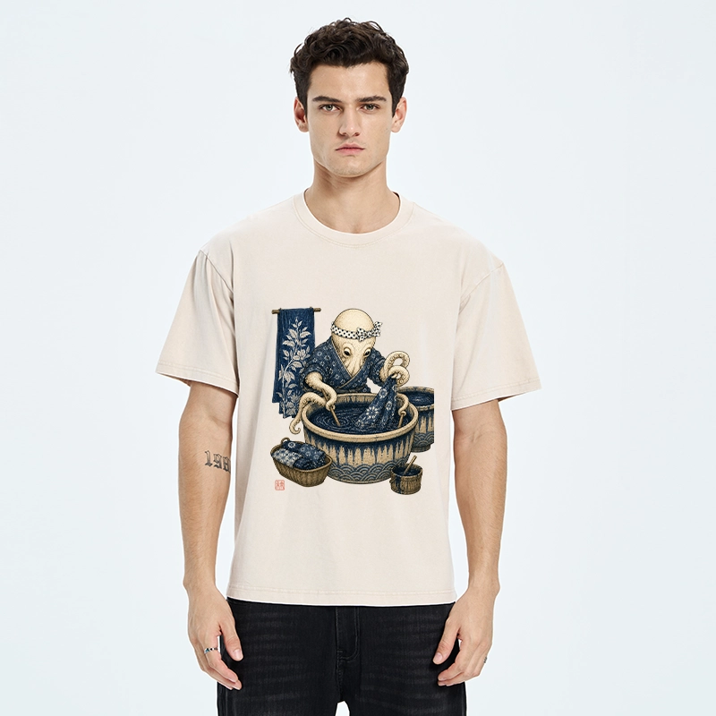 Tokyo-Tiger Kimono Dye Octopus Art Washed T-Shirt