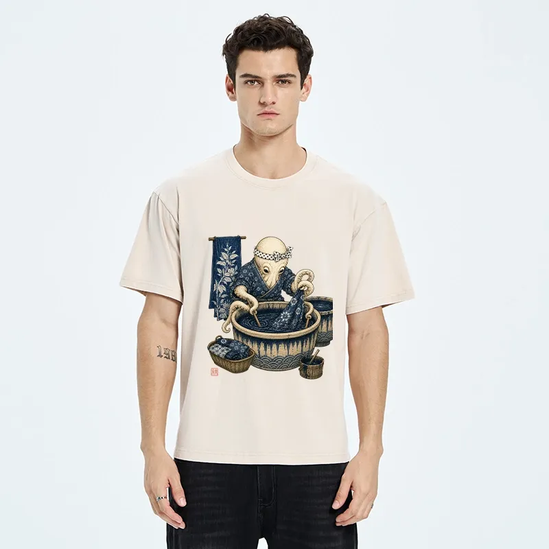 Tokyo-Tiger Kimono Dye Octopus Art Washed T-Shirt