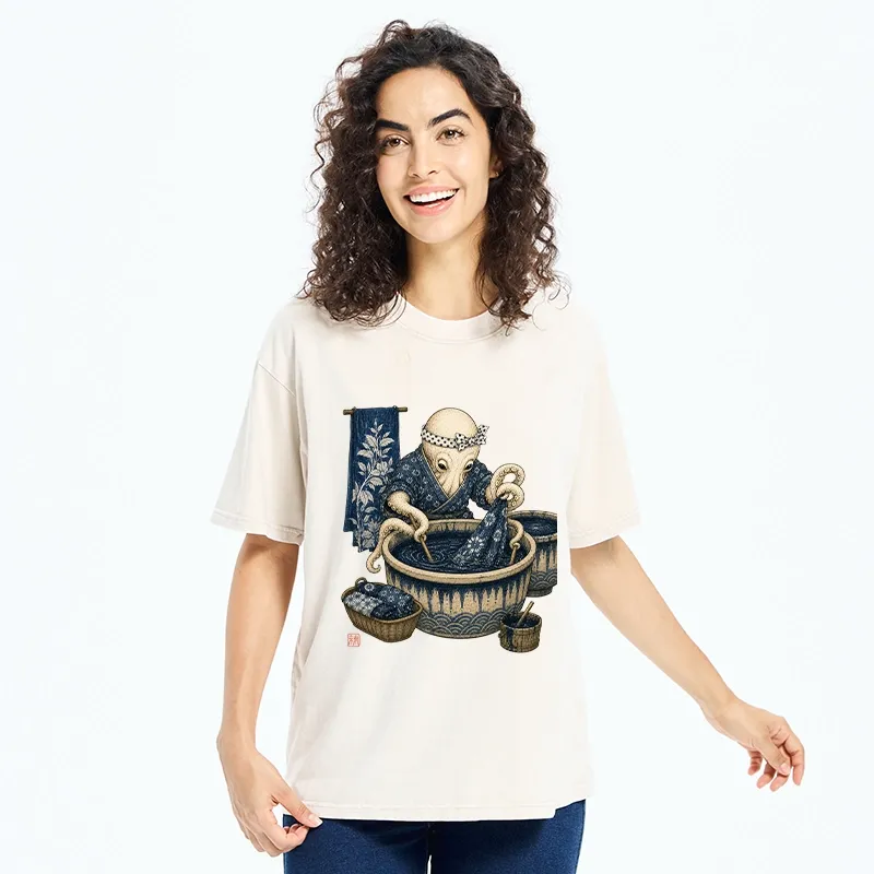 Tokyo-Tiger Kimono Dye Octopus Art Washed T-Shirt