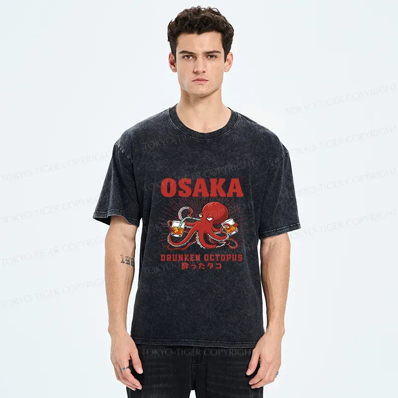 Tokyo-Tiger Octopus Drinking Beer Washed T-Shirt