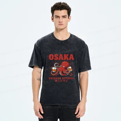 Tokyo-Tiger Octopus Drinking Beer Washed T-Shirt