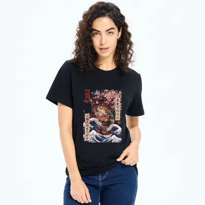 Tokyo-Tiger Samurai Cat Eating Noodles Wave Scene Classic T-Shirt