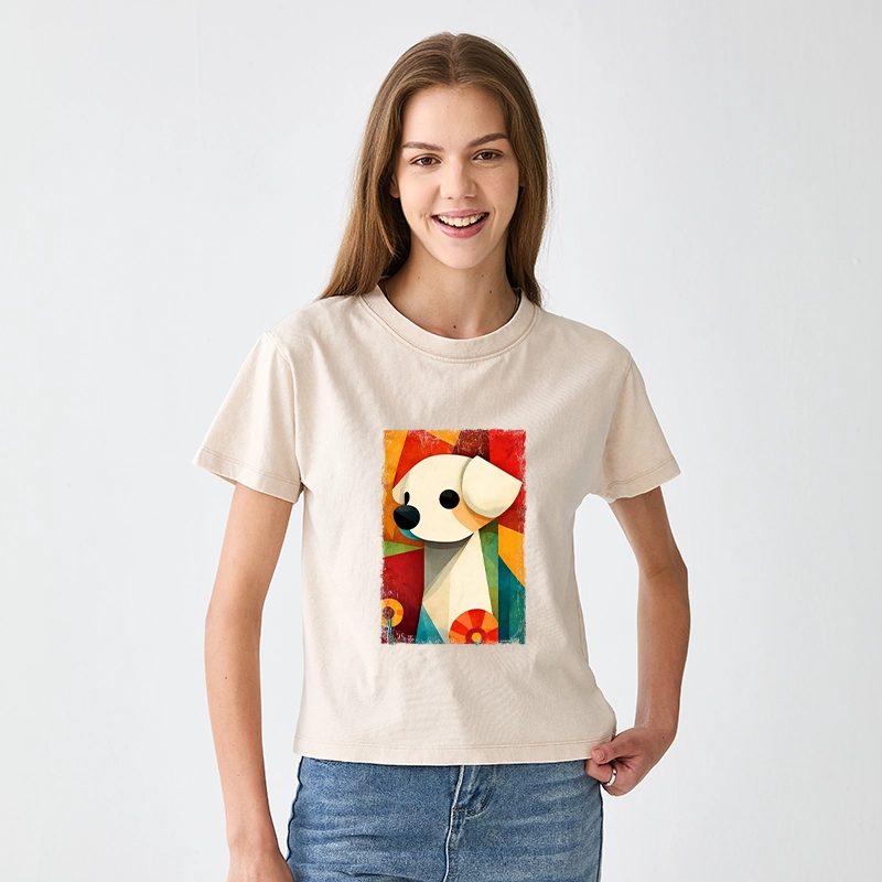 Tokyo-Tiger Retro Abstract Color Block Puppy Art Women's Washed T-shirt