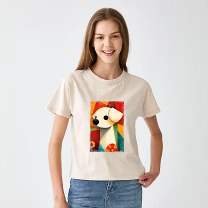 Tokyo-Tiger Retro Abstract Color Block Puppy Art Women's Washed T-shirt