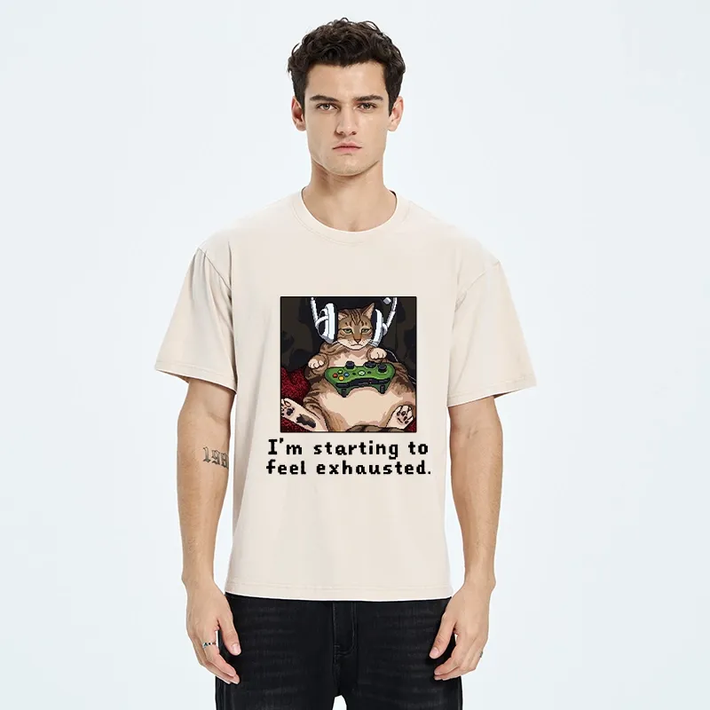 Tokyo-Tiger Exhausted Gamer Cat Washed T-Shirt