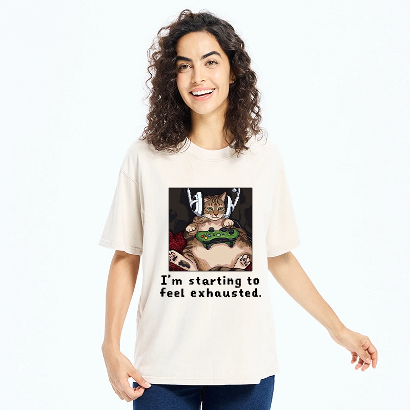 Tokyo-Tiger Exhausted Gamer Cat Washed T-Shirt