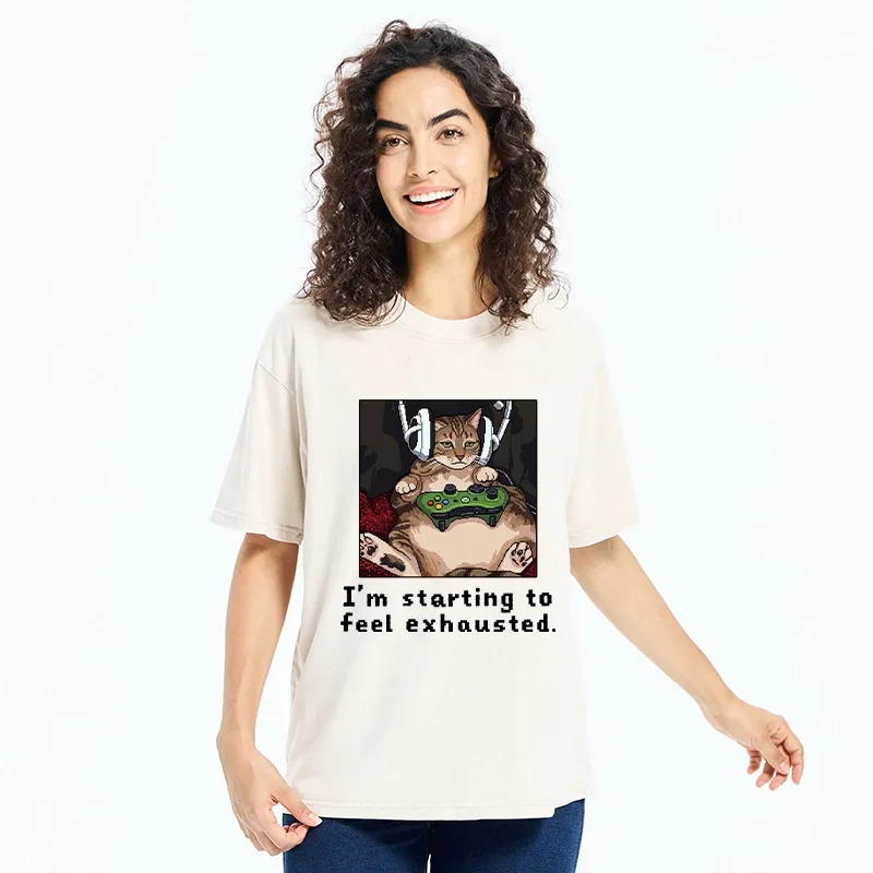 Tokyo-Tiger Exhausted Gamer Cat Washed T-Shirt