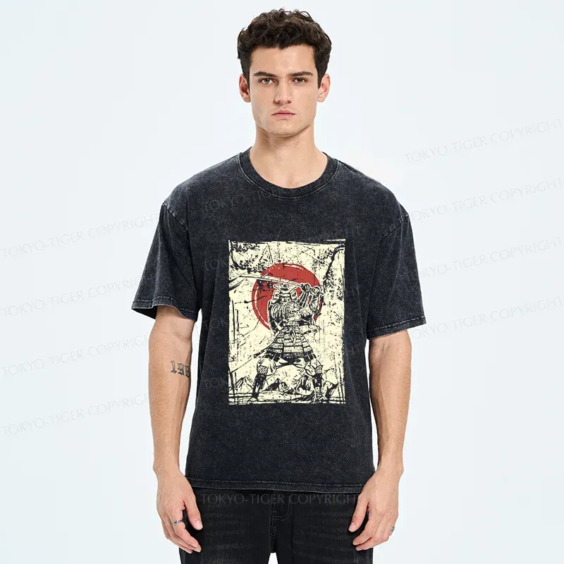 Tokyo-Tiger Japanese Samurai Retro Washed T-Shirt