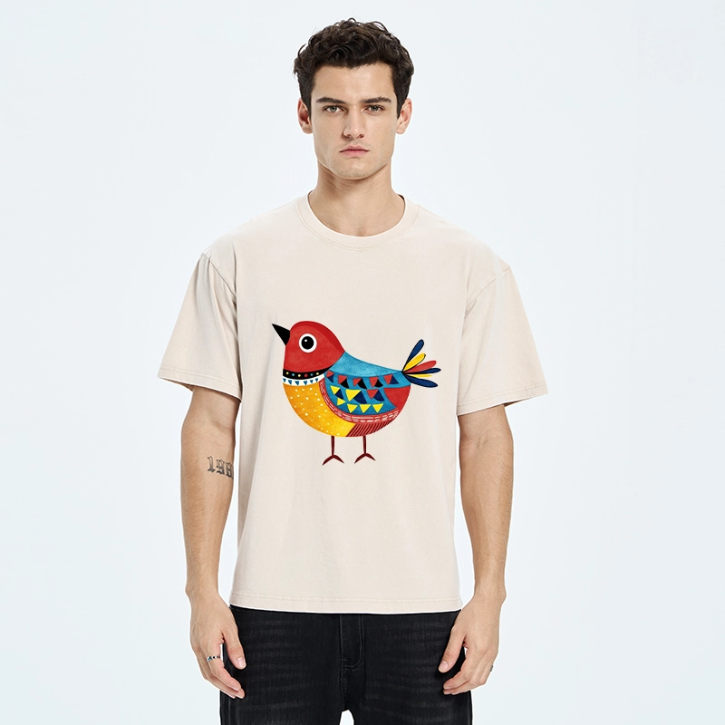 Tokyo-Tiger Folk Art Color Bird Washed T-Shirt