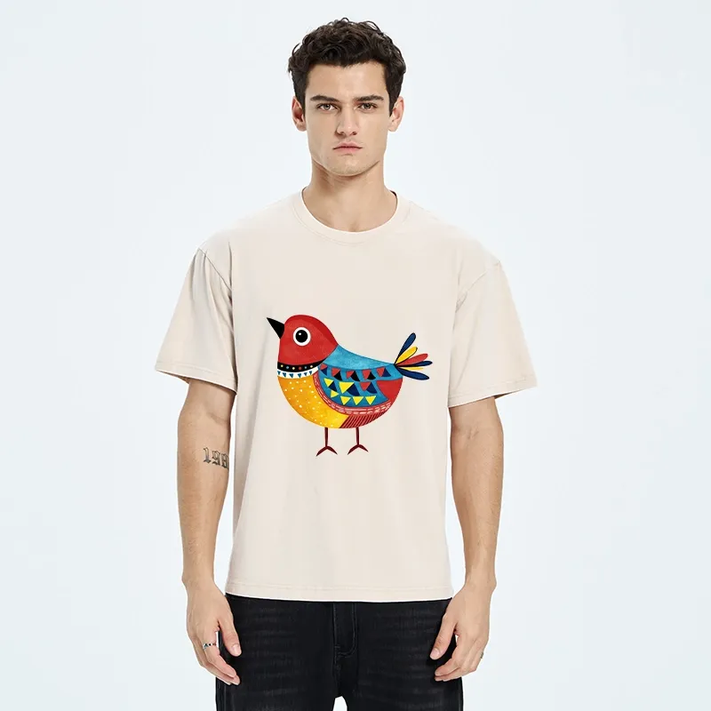 Tokyo-Tiger Folk Art Color Bird Washed T-Shirt