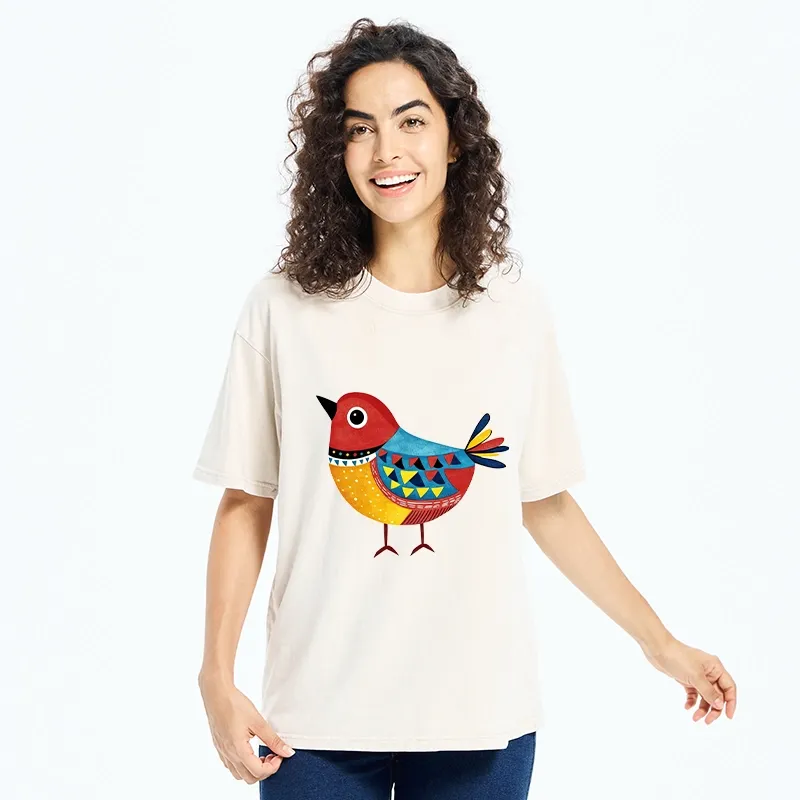 Tokyo-Tiger Folk Art Color Bird Washed T-Shirt
