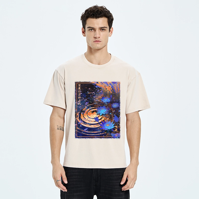 Tokyo-Tiger Night Lotus Water Glow Washed T-Shirt