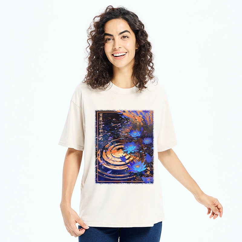 Tokyo-Tiger Night Lotus Water Glow Washed T-Shirt