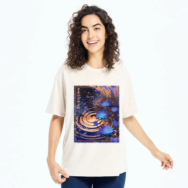 Tokyo-Tiger Night Lotus Water Glow Washed T-Shirt